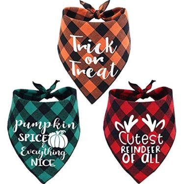 Imagem de Pacote com 3 bandanas de cachorro xadrez para feriado JPB, conjunto de cachecol de Halloween de Ação de Graças para cães, roupinha pet