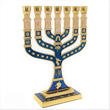 Imagem de Candelabro Sete Pontas - Menora 12cm com as 12 Tribos De Israel AZUL