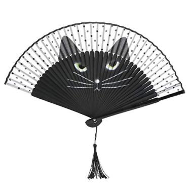 Imagem de Leque dobr¨¢vel,desenho animado gato kung fu leque de seda port¨¢til padr?o jato de tinta molduras de bambu e elegantes leques dobr¨¢veis ??de borla para presentes de decora??o do festival mulheres,