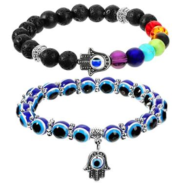 Imagem de 2 pulseiras de olho turco mão de Fátima pulseira 7 chakras olho turco stretch hamsa mão pedra preciosa boa sorte proteção cristais pedras curativas para mulheres