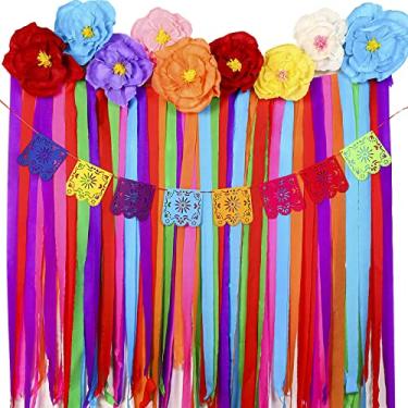 Imagem de 16 peças flores de papel mexicanas decorações de festa mexicana pano de fundo e faixa de papel picado decoração de festa do México conjunto de suprimentos para festa de cinco de maio casamento
