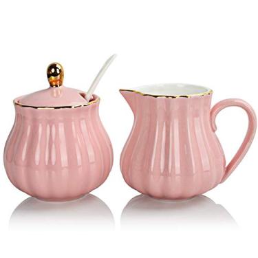 Imagem de Sweejar Royal Conjunto de 3 peças com jarra de creme, açucareiro, conjunto de açúcar com tampa e colher, conjunto de servir café para presente de casamento (rosa)