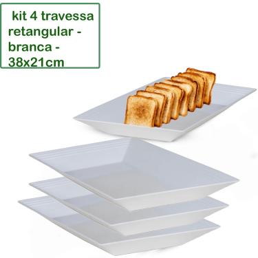 Imagem de Kit 4 Travessa Saladeira Petisqueira Retangular Le Chef Branca Plástico 38X21X4CM