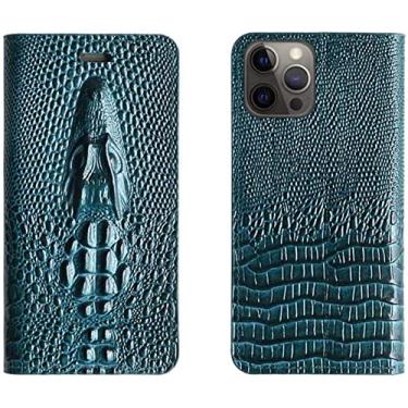 Imagem de HAZELS Capa de telefone fólio de couro em relevo de cabeça de crocodilo, capa de telefone concha com slot para cartão para Apple iPhone 13 Pro Max (2021) 6,7 polegadas [Suporte] (Cor: Azul)