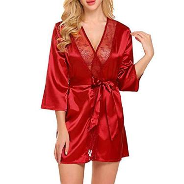 Imagem de heaven2017 Camisola solta de camisola de renda com decote em V para mulher Vermelho L