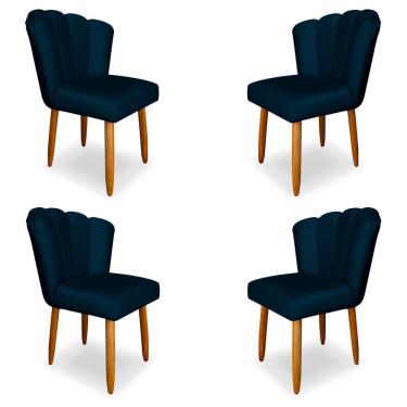 Imagem de Kit 4 Cadeiras de Jantar Pétala Estofada Pés Palito Veludo Azul Marinho - Montanaris Decor