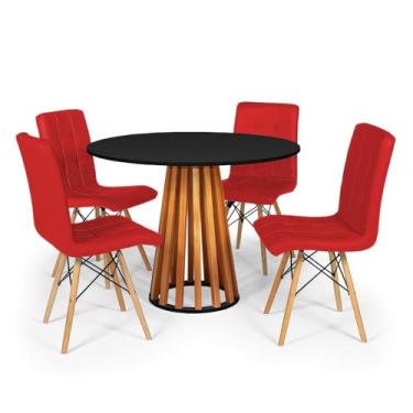 Imagem de Conjunto Mesa de Jantar Talia Amadeirada Preta 100cm com 4 Cadeiras Eiffel Gomos - Vermelho