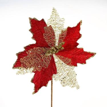Imagem de Kit 2 Flores Com Cabo Artificial Brilho Natal Vermelha 24cm