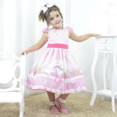 Imagem de Vestido Festa Infantil Rosa Com Unicórnios, Flores E Corações - Modern