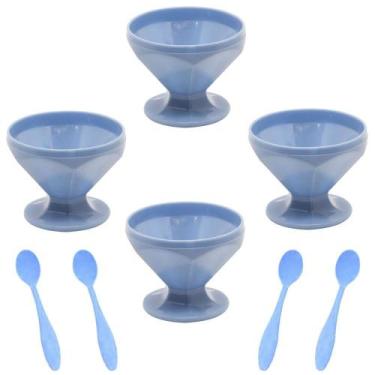 Imagem de Kit Taça De Sobremesa Com 4 Taças De Sobremesa 150ml + 4 Colheres Azul