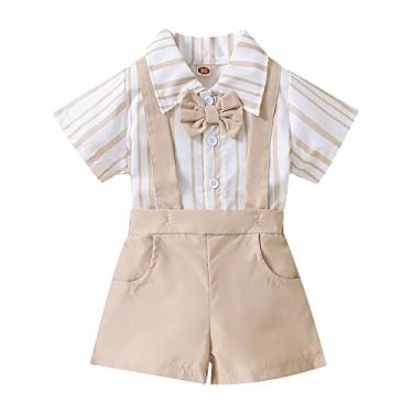 Imagem de Baby Boy Checklist Camiseta infantil meninos manga curta listrada estampas tops suspensórios shorts crianças 4t (bege, 6-9 meses)