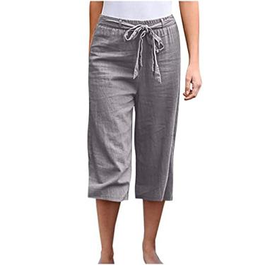 Imagem de Calça feminina de linho de algodão cintura alta calça de perna larga leve com cordão elástico calças de verão plus size, Cinza, XXG