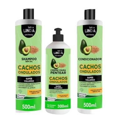 Imagem de Kit Shampoo e Condicionador + Creme Para Pentear Cuidado Capilar para Cachos Ondulados Super Nutrição e Hidratação Intensa Sallon Linda
