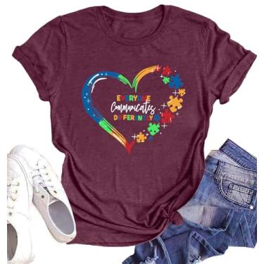 Imagem de Camiseta feminina conscientização do autismo, aceitação do autismo, todos se comunicam de forma diferente, camiseta com estampa de coração, Roxo, vermelho, XXG