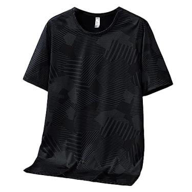 Imagem de Camiseta masculina atlética de manga curta fina de secagem rápida, camiseta esportiva com gola redonda, Preto, M