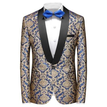 Imagem de Rogers & Morris Casaco masculino xale smoking blazer floral estampa barroca casaco social, Azul, P
