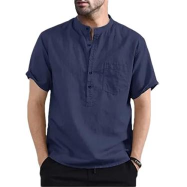 Imagem de Camisetas masculinas casuais de verão de manga curta de algodão sólido e linho, gola com botões, camisetas masculinas, Azul marinho, P