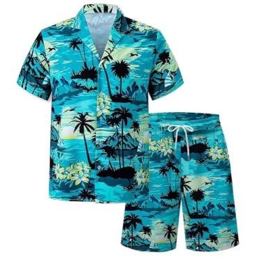 Imagem de Cromoncent Camisa havaiana masculina e masculina, manga curta, gola cubana, tropical, férias, verão, praia, Conjunto azul-petróleo havaiano, 13-14 Anos