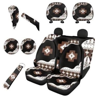 Imagem de Horeset Almofada de assento de carro nativa asteca étnica africana, conjunto completo de 11 peças com cordões, suporte de garrafa, protetor de encosto de cabeça de carros, botão de câmbio e capa de freio de mão para viagens diárias ao ar livre