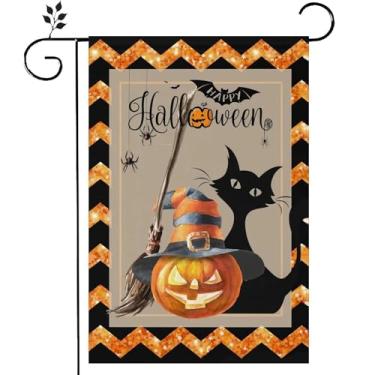 Imagem de RTKHFZE Feliz Dia das Bruxas Bandeira de jardim 30,5 x 45,7 cm dupla face, bandeira de serapilheira de jardim assustadora abóbora gato preto decorações de Halloween para decoração de quintal de casa