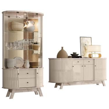 Imagem de Aparador para Sala Buffet Mônaco e Cristaleira Moss Calacata Off White - Madetec