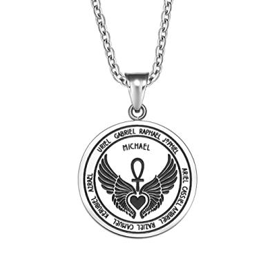 Imagem de Magic Human Colar de anjo da guarda - 12 medalhões de arcanjos gravados - Ankh sagrado e amuleto de proteção de asas, Aço inoxidável, Sem Pedra Preciosa