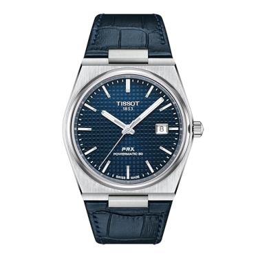 Imagem de Tissot Relógio masculino PRX Powermatic 80 caixa de aço inoxidável 316L automático, azul, couro, 12 (T1374071604100), Azul, Casual