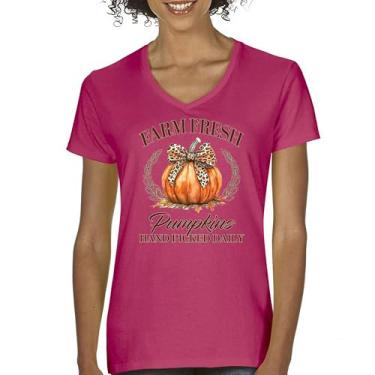 Imagem de Camiseta feminina gola V Farm Fresh Pumpkins outono aconchegante estação do labirinto de milho festival dia de ação de graças peru outono linda camiseta, Rosa choque, P