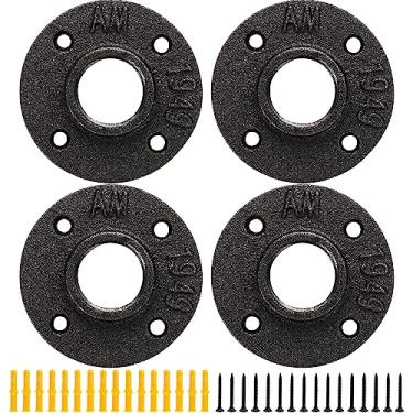 Imagem de HomiShare Flange de piso 1-1/10.2 cm Flange de tubo 4 peças de acessórios de tubo de ferro maleável industrial com 4 furos roscados, flange de piso estilo vintage industrial para bricolage