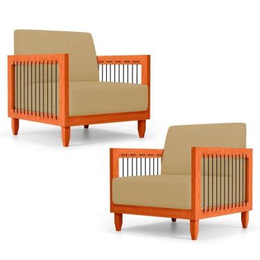 Imagem de Kit 02 Poltronas Varanda Samoa Madeira Maciça Com Cordas Náutica Linho Dourado - Desk Design