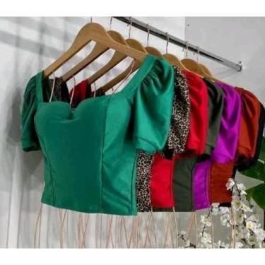 Imagem de Blusa cropped decote V manga curta bufante plus size poliéster moda fe