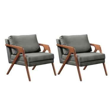 Imagem de Kit 2 Poltronas Decorativa Mona Premium Linho Cinza e Base Madeira Mac