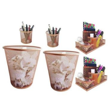 Imagem de Kit Organizador, Porta Caneta e Lixeira Rose Gold Escritório - Markys 