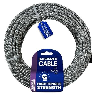 Imagem de Cabo de aço galvanizado para esgrima, varal, trilhos de convés, polia, laço de guincho – cabo flexível de núcleo de 1/4" x 1,5 m x 7 m x 7 cm com resistência à ruptura de 381 kg para uso doméstico e industrial