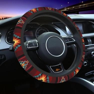 Imagem de LONSANT Capa de volante tribal nativa americana para mulheres e homens padrão sudoeste nativo asteca impressão vermelha design navajo capa protetora de roda acessórios de carro universal para carros