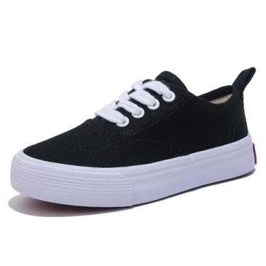 Imagem de OPOEE Sapatos esportivos de cano baixo para meninos e meninas, com cadarços, calçados infantis confortáveis e leves para skate, Preto, 8.5 Wide Toddler
