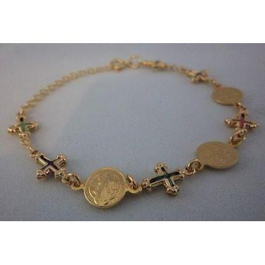 Imagem de Pulseira cruz colorida  são bento  folhado ouro - Armazém Católico