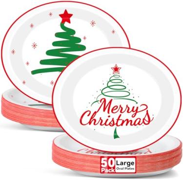Imagem de 50 peças de pratos ovais de papel para árvore de Natal grandes, 28 cm, descartáveis de Natal, vermelho e verde, suprimentos de festa temáticos, bandeja de prato resistente para churrasco, jantar,