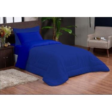Imagem de kit edredom solteiro dupla face 04 peças azul marinho com azul royal -
