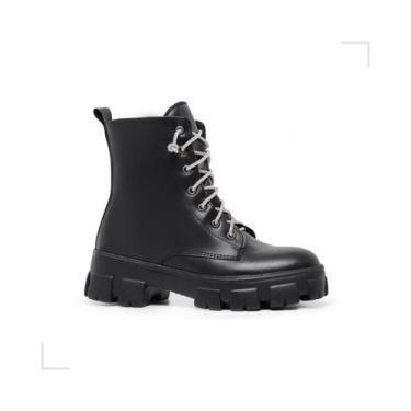 Imagem de Coturno Feminino Preto Tratorado Com Cadarço De Strass Moda - E-commer