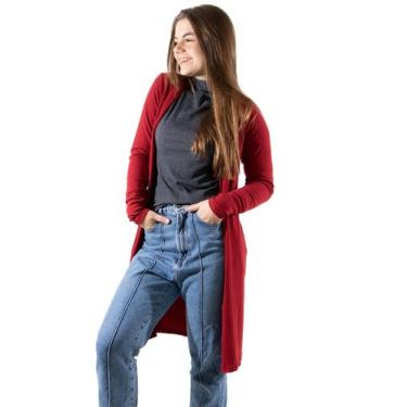 Imagem de Cardigan Canelado Inverno Kimono Manga Comprida Aberto Longo Feminino 