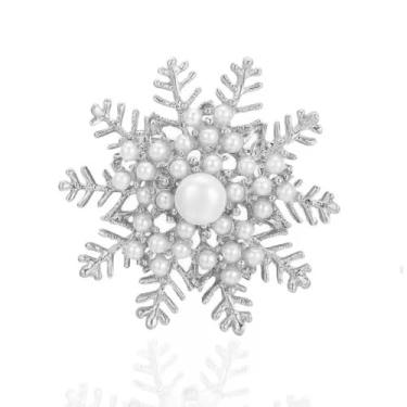 Imagem de Broche de flor de floco de neve de pérola elegante pino de lapela simulado pérolas de água doce inverno neve xaile alfinetes suéter chapéu jaquetas terno vestido corsage acessórios broches delicados