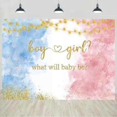 Imagem de 2,1 x 1,5 m, pano de fundo revelador de gênero, menino ou menina, o que será o bebê, aquarela, azul ou rosa, pontos dourados, fotografia, fundo, revelação, decoração de festa, banner, adereços de