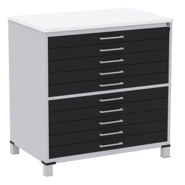 Imagem de Mapoteca 10 Gavetas Pandin 120 cm (Larg) Inmetro Tampo MDP Branco Estrutura Aço Cinza Gavetas Pretas