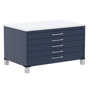 Imagem de Mapoteca 5 Gavetas Pandin 120 cm (Larg) Inmetro Tampo MDP Branco Estrutura e Gavetas em Aço Azul