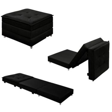 Imagem de Puff Dobrável 3 em 1 Que Se Transforma em Cama Solteiro Versátil Confortável Com Rodinhas E Bau (Preto)