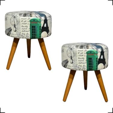 Imagem de Kit 2 Puff Decorativo Redondo Para Sala Pé Palito Castanho Suede Estampado (Paris Azul/Verde)