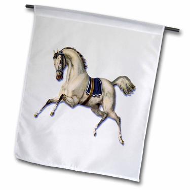 Imagem de 3dRose fl_180190_1 Cavalo branco vitoriano galopante usando uma bandeira de jardim de sela de cobertor azul, 30 x 45 cm
