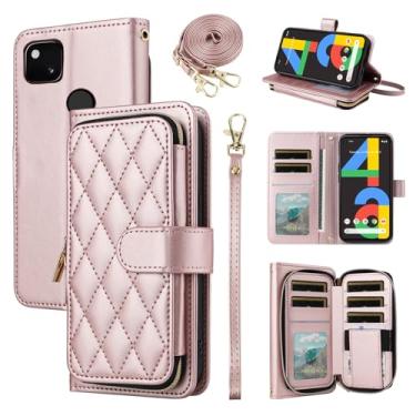 Imagem de Furiet Argyle Capa carteira para Google Pixel 4a 4G com alça de ombro, 9+ compartimento para cartão com zíper bolsa de couro PU de luxo capa de celular quadriculada para Pixel4a Pixle a4 5.8 2020 ouro