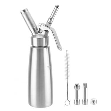 Imagem de QWORK Dispensador de chantilly de aço inoxidável 304 - 500 ml/1 recipiente sem vazamento com 3 bocais de decoração culinária e pincel,